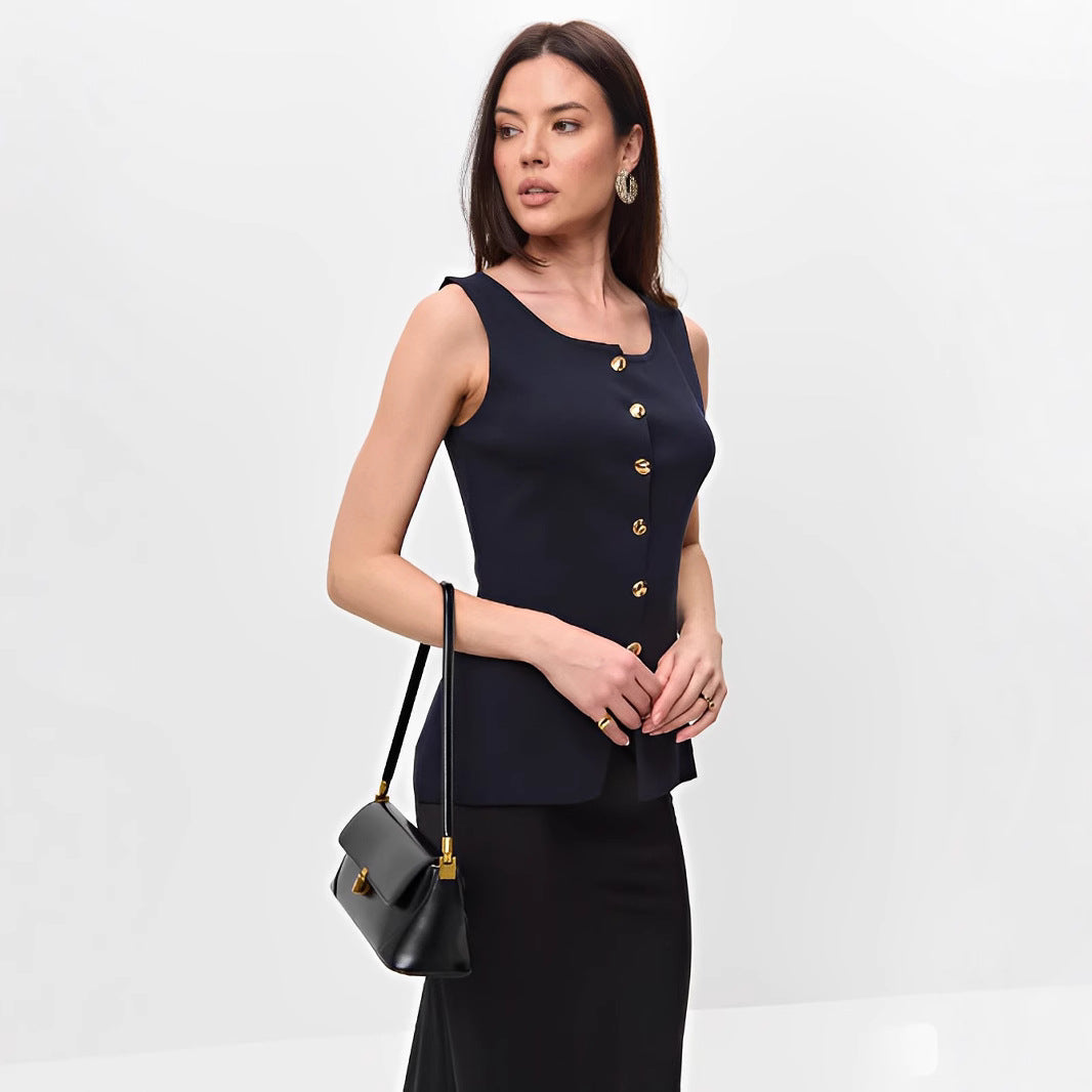 Navy blue sleeveless button peplum top with gold-tone front buttons and curved hem