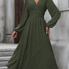 Military green dotted pleated dress with diagonal V neckline and long lantern sleeves