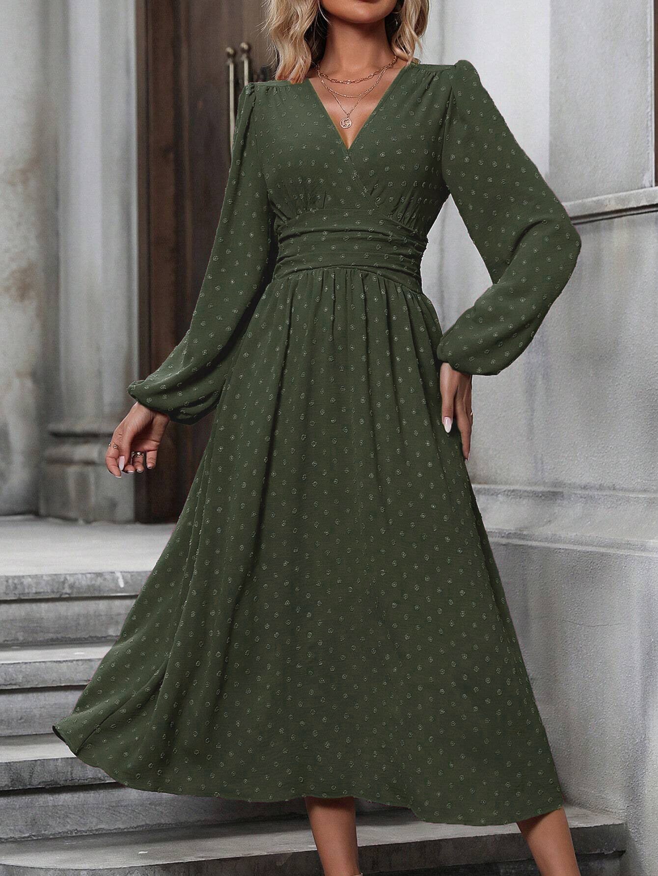Military green dotted pleated dress with diagonal V neckline and long lantern sleeves