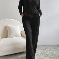 Black ribbed knit V-neck long-sleeve top and straight-leg pants lounge set