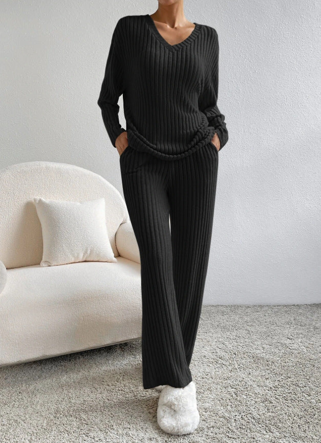 Black ribbed knit V-neck long-sleeve top and straight-leg pants lounge set