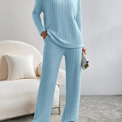 Light blue ribbed knit V-neck long-sleeve top with straight-leg pants set