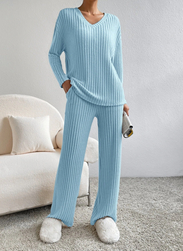 Light blue ribbed knit V-neck long-sleeve top with straight-leg pants set