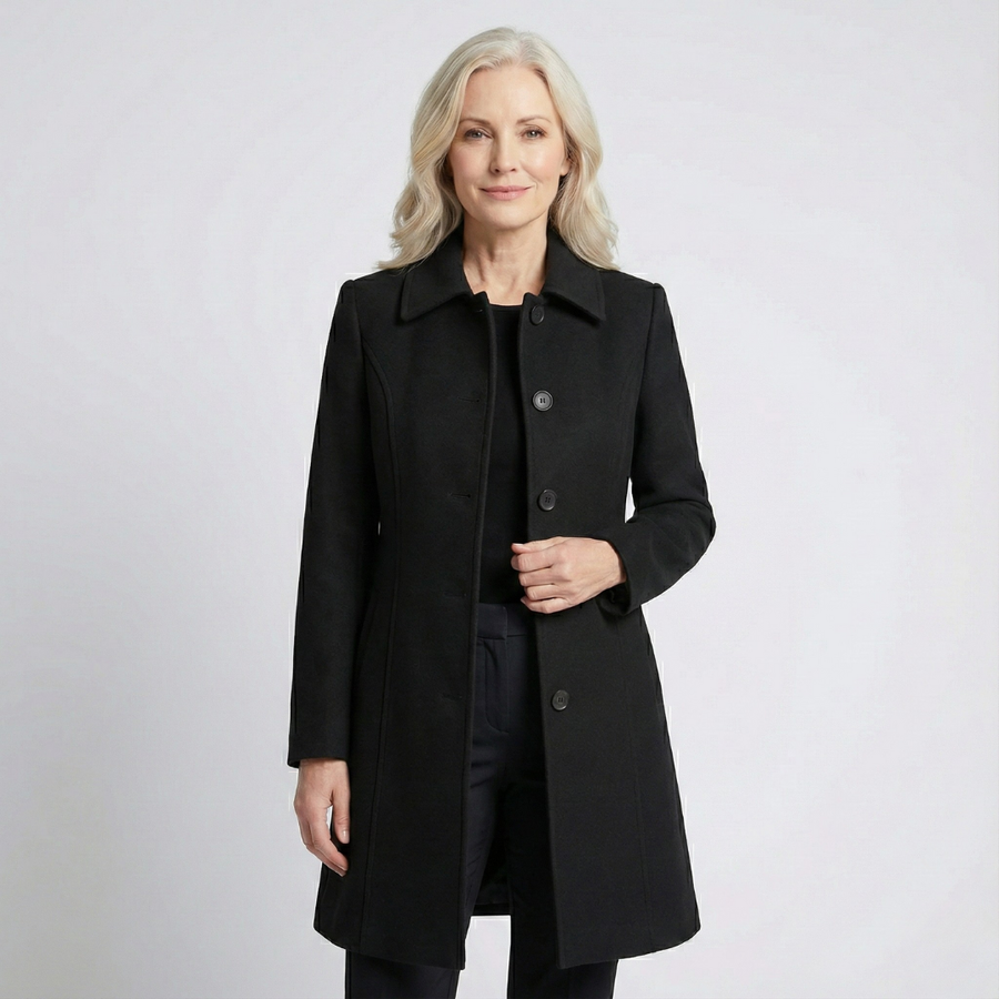 Black single-breasted winter trench coat with notched lapels and button front.