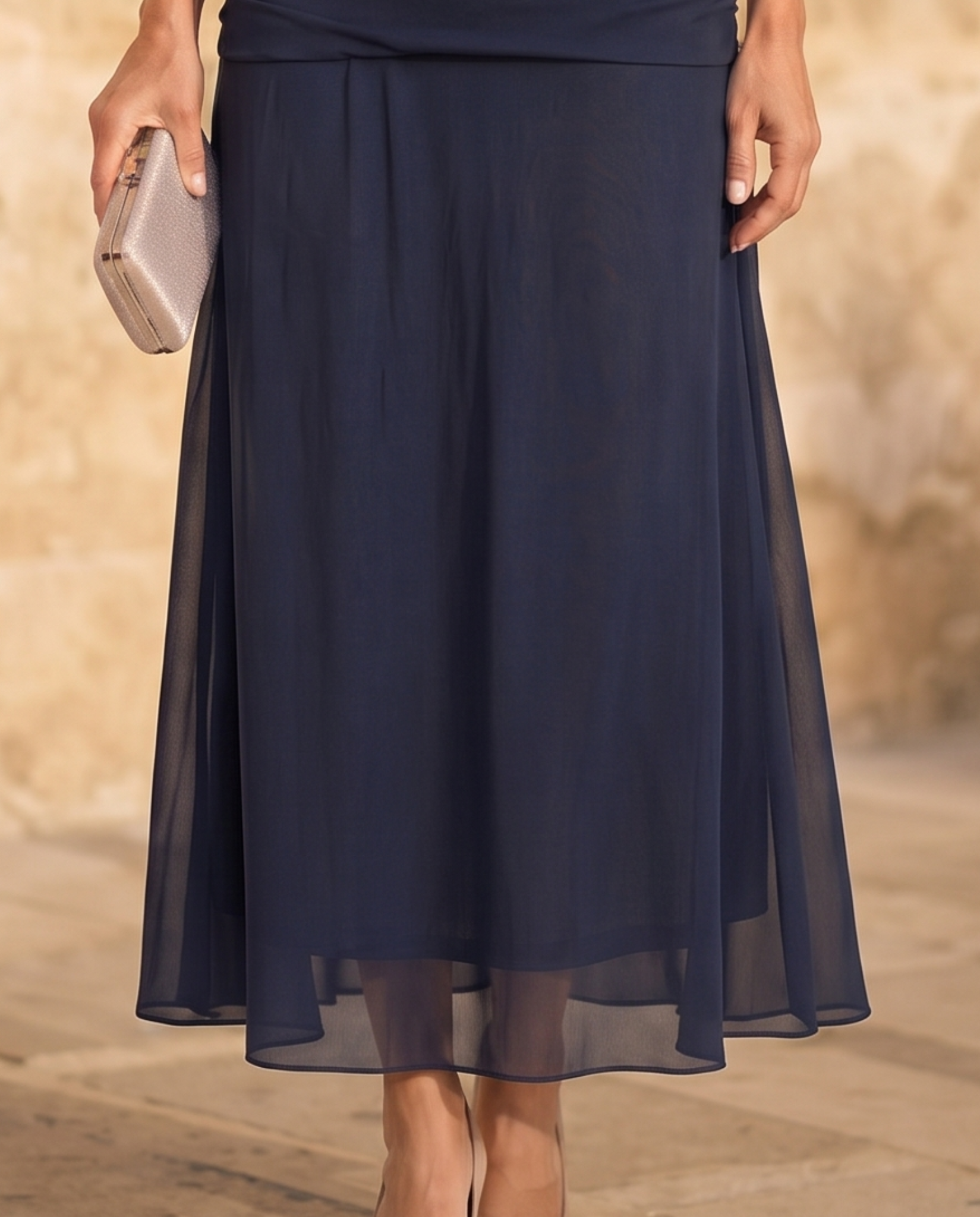 Dark blue chiffon maxi skirt with gathered waist, flowing pleats, midi hem