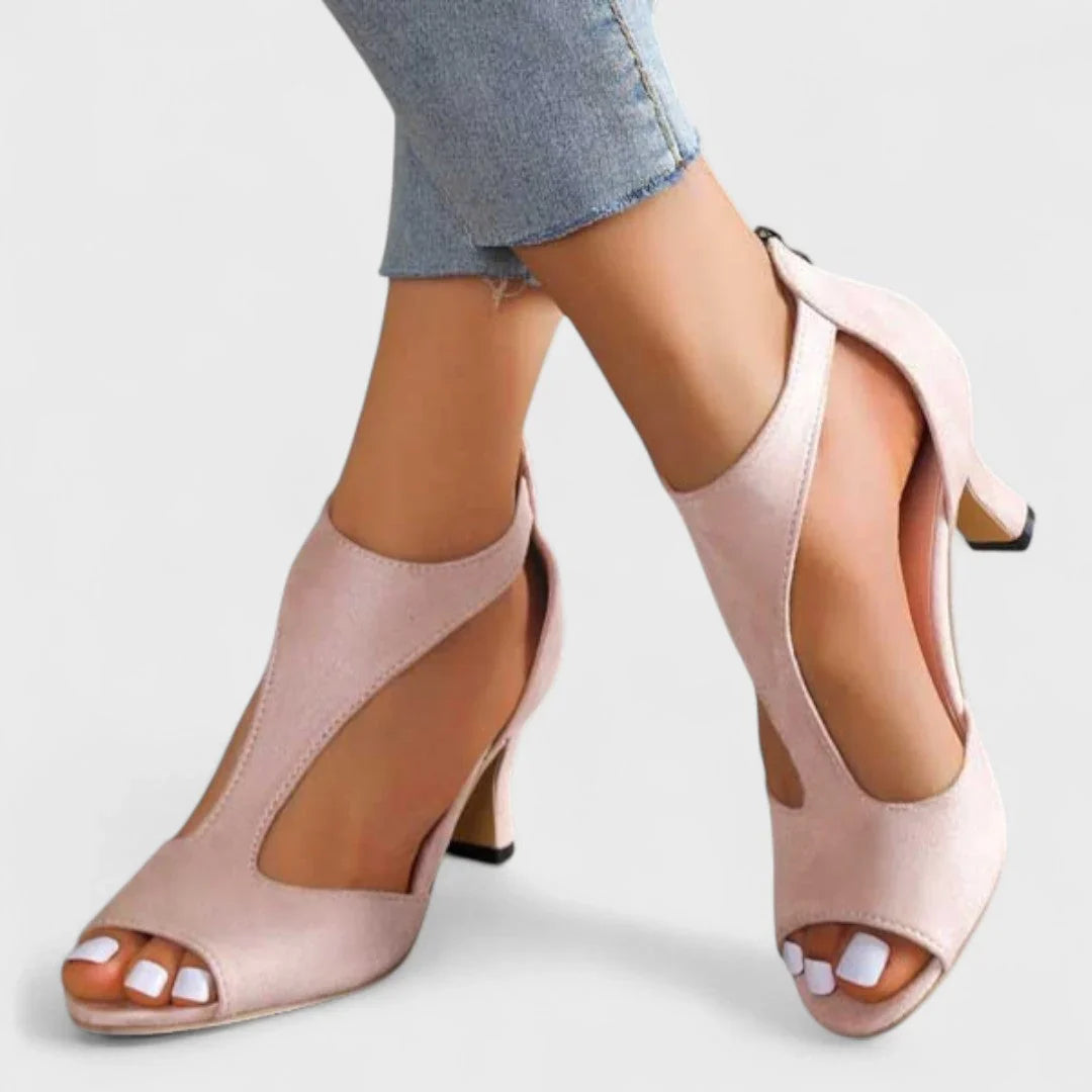 Pink peep-toe heeled sandals with T-strap and high block heel