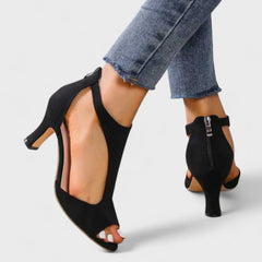 Black peep-toe heeled sandals with back zip and textured block heel