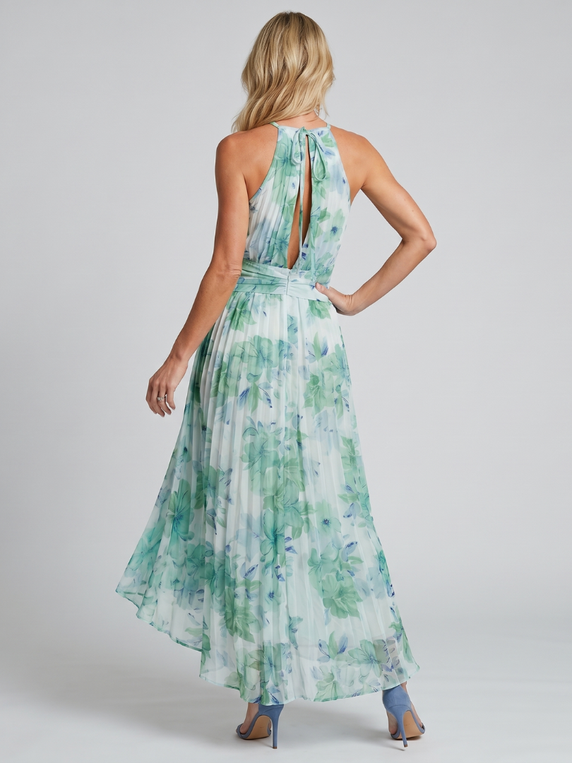 Green floral pleated midi dress with open back and tie halter straps