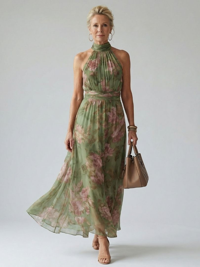 Sage green gathered halter midi dress with pink floral print, sleeveless tiered skirt