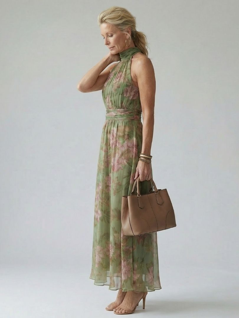 Sage green gathered halter midi dress with pink floral print, side view, flowing skirt