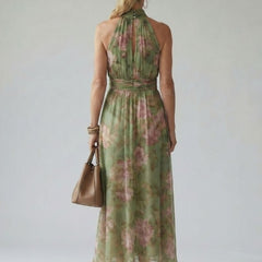 Sage green gathered halter midi dress with pink floral print, back view, gathered neck