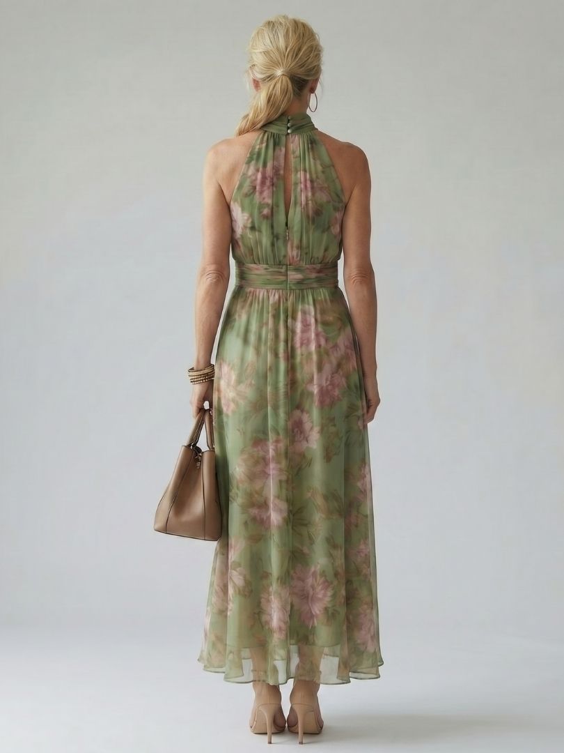 Sage green gathered halter midi dress with pink floral print, back view, gathered neck