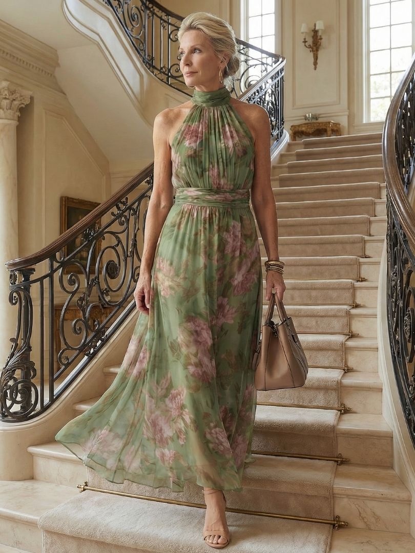 Sage green gathered halter midi dress with pink floral print, long flowing silhouette