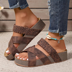 Ruby comfortable sandals in brown, crossed woven straps with stacked wedge heel
