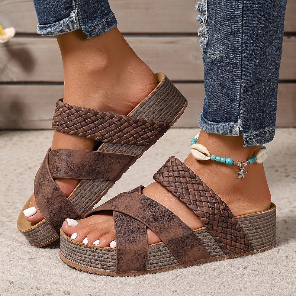 Ruby comfortable sandals in brown, crossed woven straps with stacked wedge heel