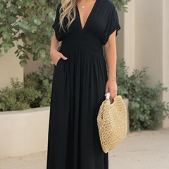 NORA light breeze dress in onyx black, V-neck maxi with short sleeves, smocked waist, side slit.
