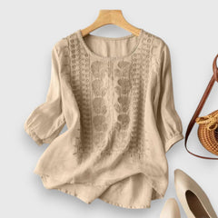 Beige embroidered blouse shirt with half sleeves and round neckline