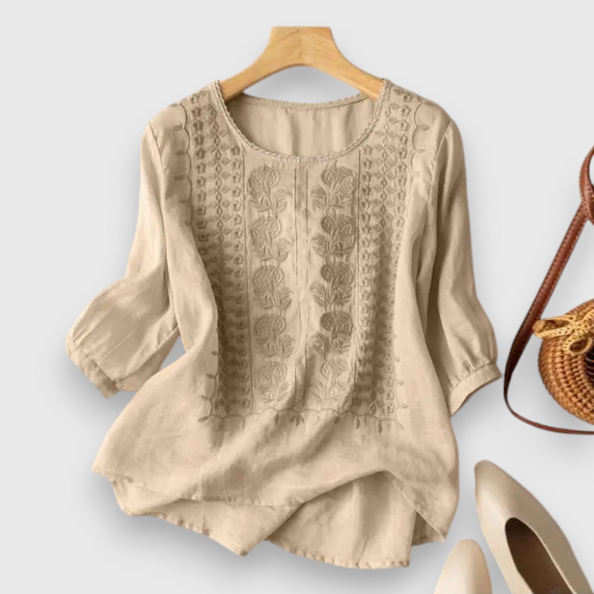Beige embroidered blouse shirt with half sleeves and round neckline