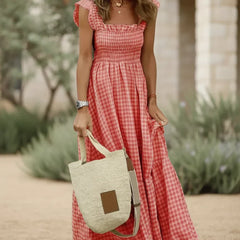 Cherry red gingham ruffle dress with cap sleeves, square neckline, gathered tiered skirt