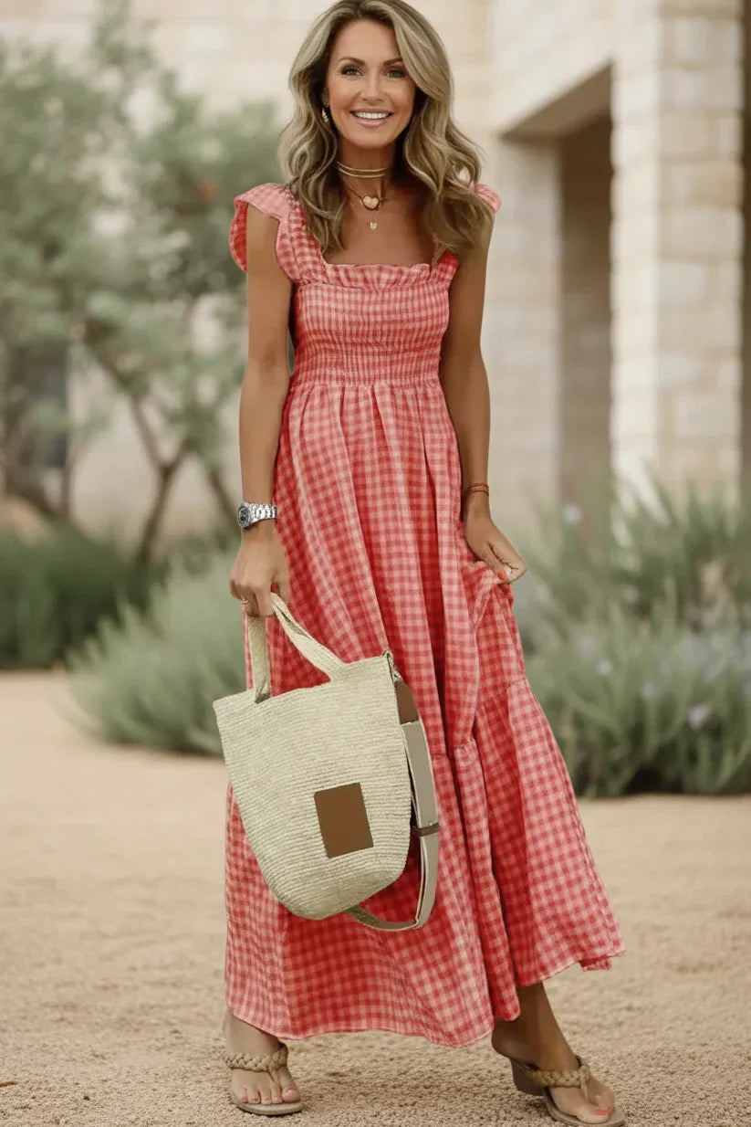 Cherry red gingham ruffle dress with cap sleeves, square neckline, gathered tiered skirt