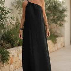 Black relaxed maxi dress with halter neckline and gathered, long A-line skirt