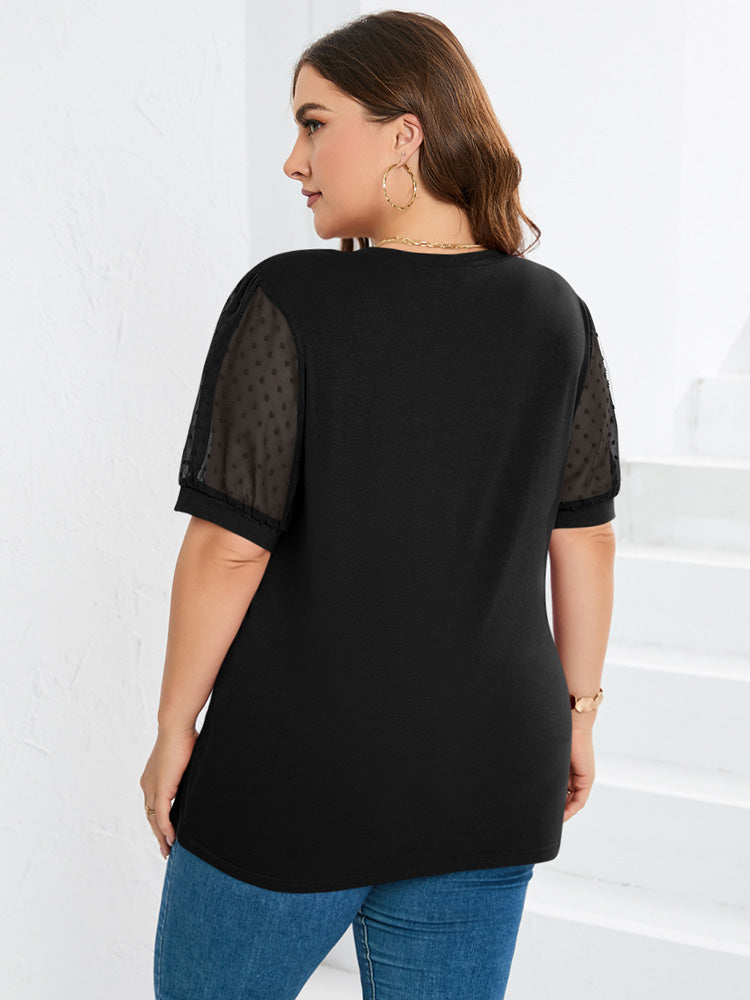 Black sheer-sleeve V-neck top, back view with puff sleeves and relaxed fit.