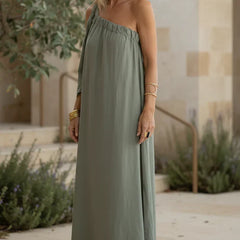 Green relaxed maxi dress with spaghetti straps and gathered, empire neckline