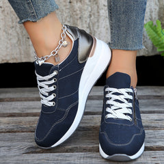 Navy zip-up comfort sneakers, lace-up front and side zipper, white platform sole