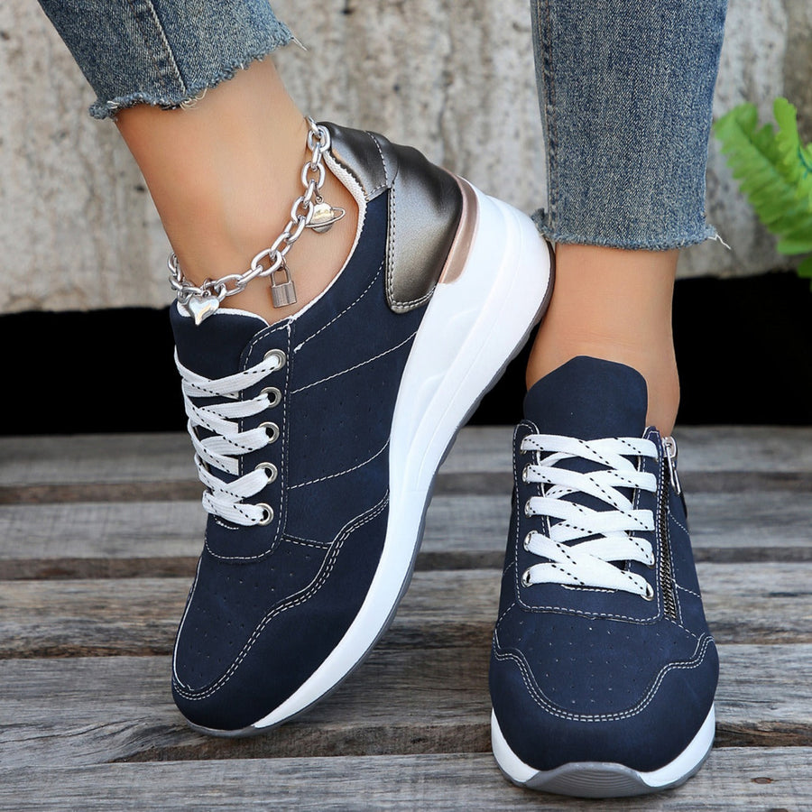 Navy zip-up comfort sneakers, lace-up front and side zipper, white platform sole