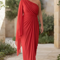 Wine red one-shoulder evening gown with draped crossover bodice and long chiffon sash