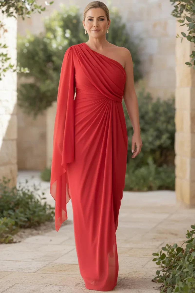 Wine red one-shoulder evening gown with draped crossover bodice and long chiffon sash