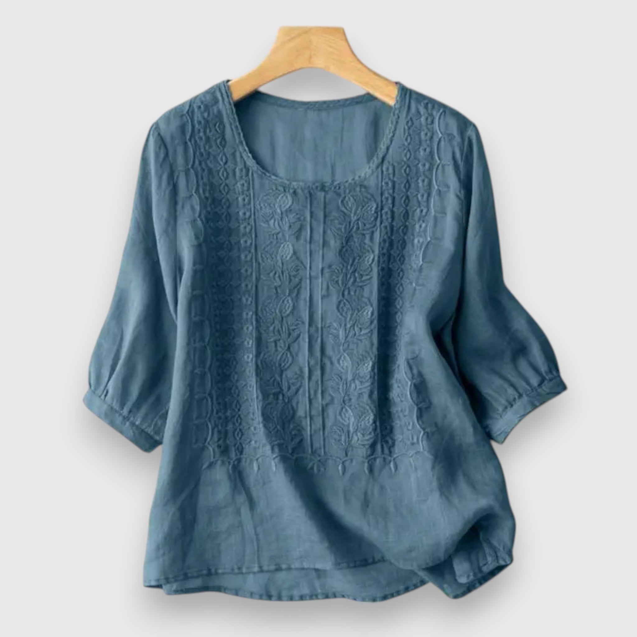 Blue embroidered blouse shirt with elbow sleeves and round neckline