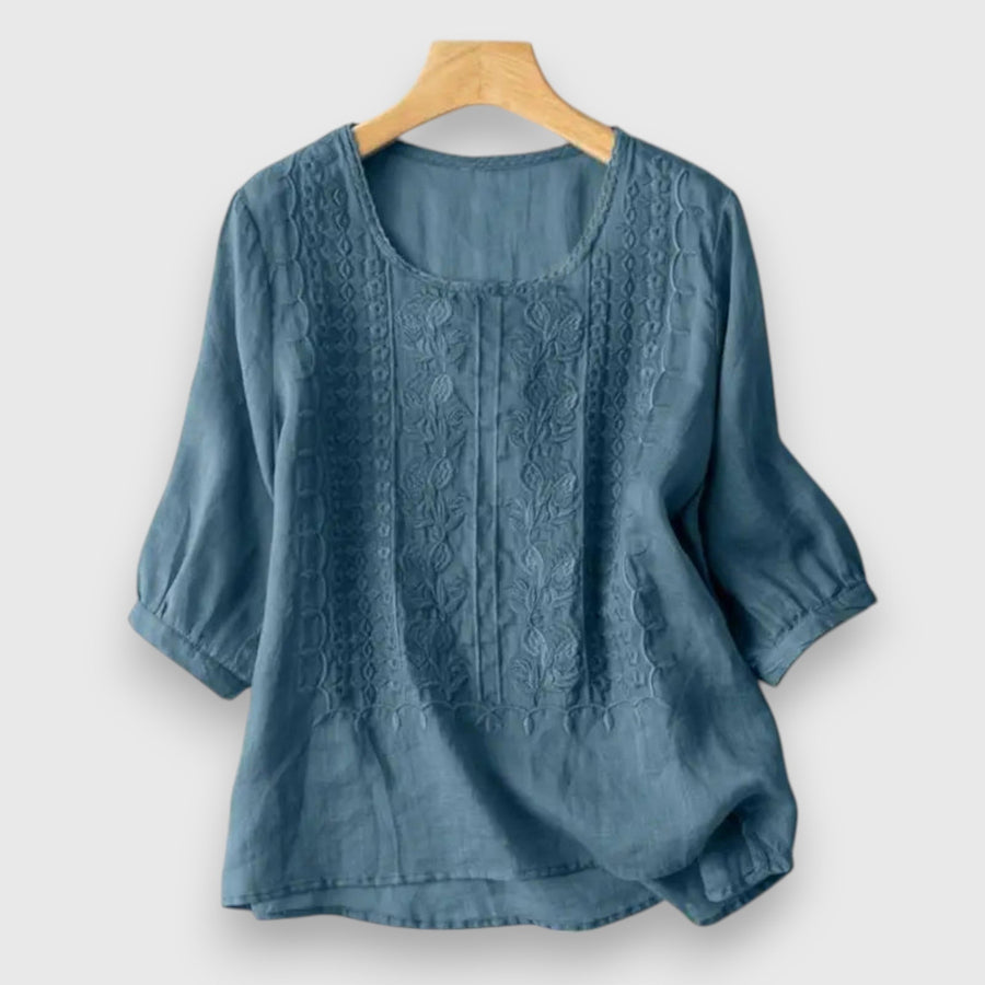 Blue embroidered blouse shirt with elbow sleeves and round neckline