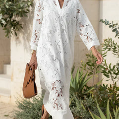 Ivory lace midi dress with V-neck, three-quarter sleeves and scalloped hem