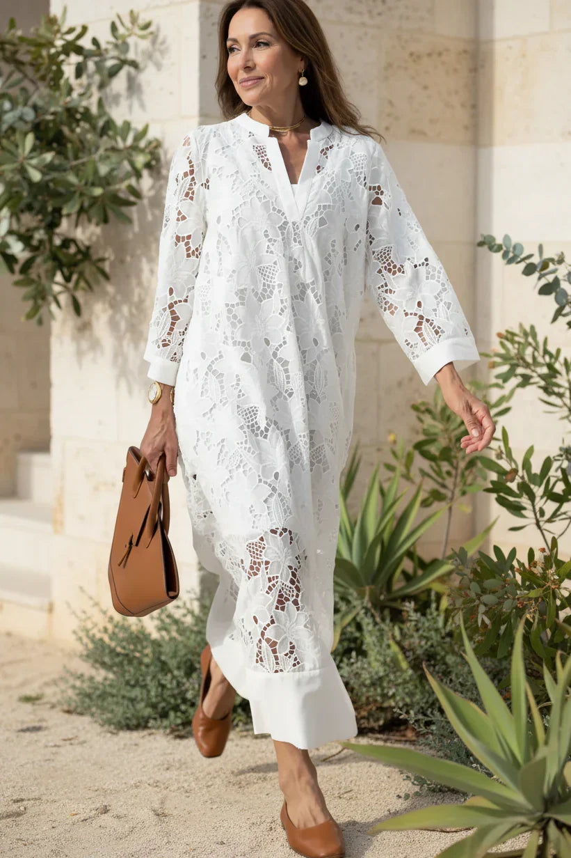 Ivory lace midi dress with V-neck, three-quarter sleeves and scalloped hem
