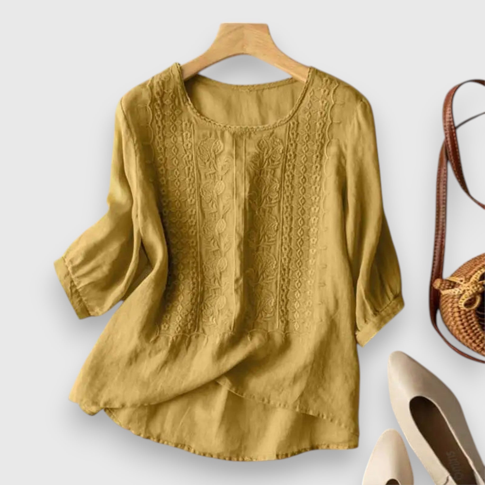 Khaki embroidered blouse shirt with half sleeves and round neckline