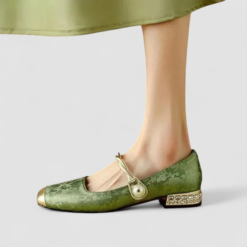 Green orthopedic Mary Jane shoes with bow strap, gold-tone trim, low block heel