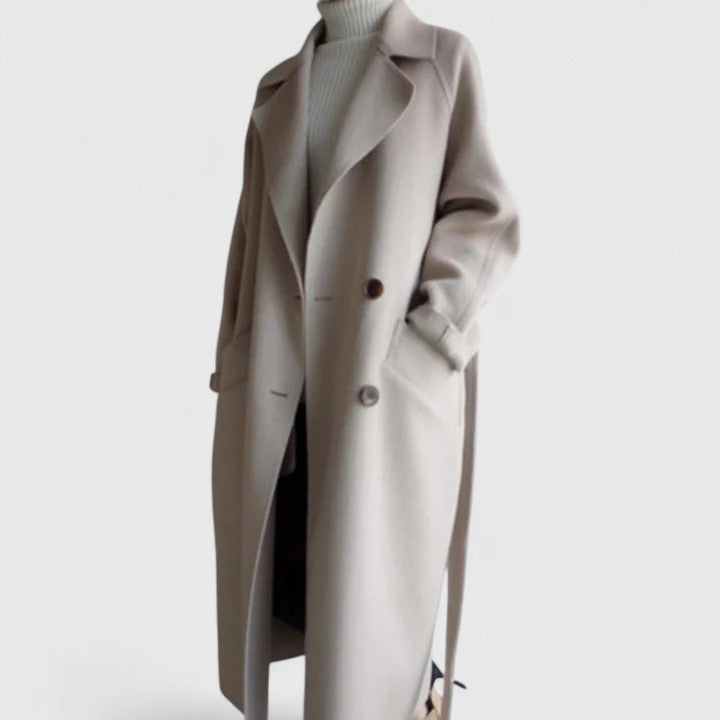 Maeve classic elegant coat, beige close-up of lapel and double-row button placket