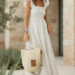 Cream gingham ruffle dress with cap sleeves and smocked bodice, tiered midi skirt
