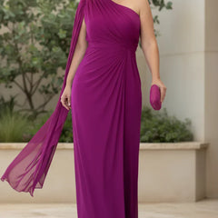 Violet purple one-shoulder evening gown with ruched draped bodice and chiffon sleeve