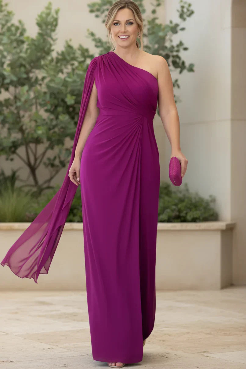 Violet purple one-shoulder evening gown with ruched draped bodice and chiffon sleeve