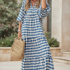 Bohemian dress in blue and white diamond print, long tiered skirt, V-neck