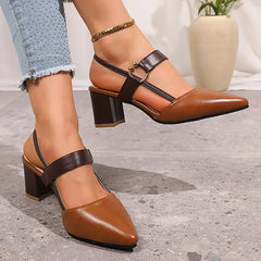 Brown heeled slingback pumps with ring buckle and black ankle strap