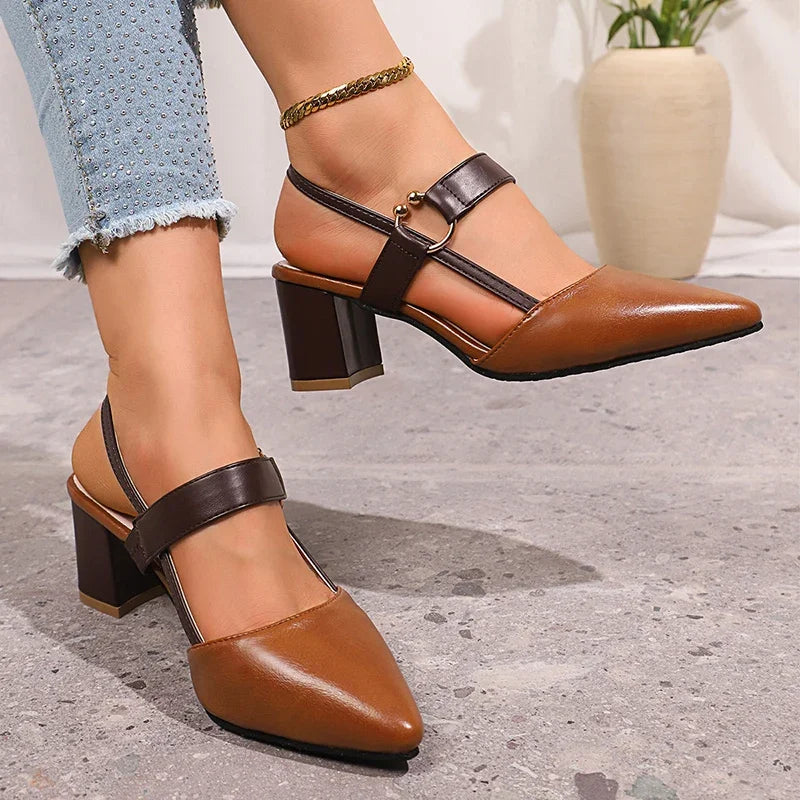 Brown heeled slingback pumps with ring buckle and black ankle strap