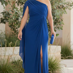 Royal blue one-shoulder evening gown with draped neckline and side slit