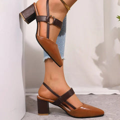 Ring-strap heels with block heel, brown leather-look upper with black strap