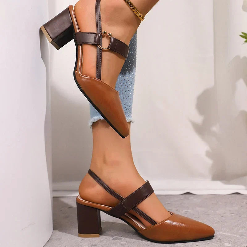 Ring-strap heels with block heel, brown leather-look upper with black strap