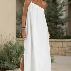 Ivory relaxed maxi dress with spaghetti straps and scalloped square neckline