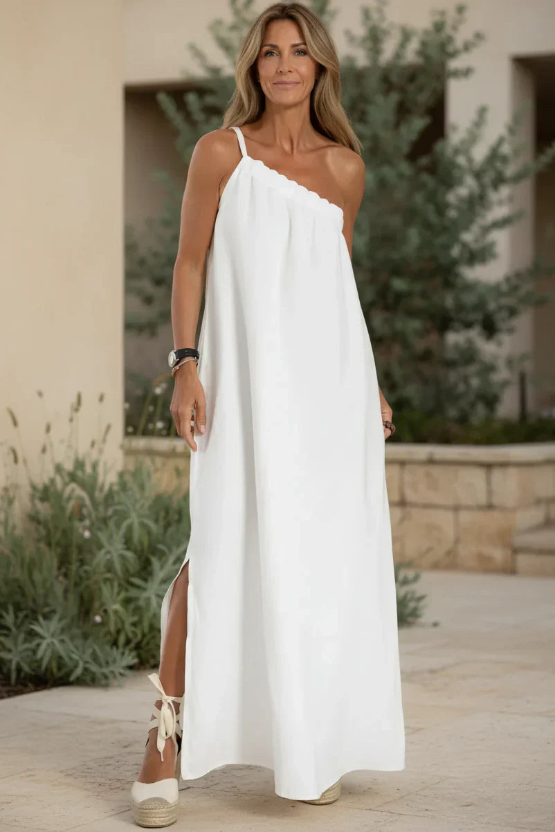 Ivory relaxed maxi dress with spaghetti straps and scalloped square neckline