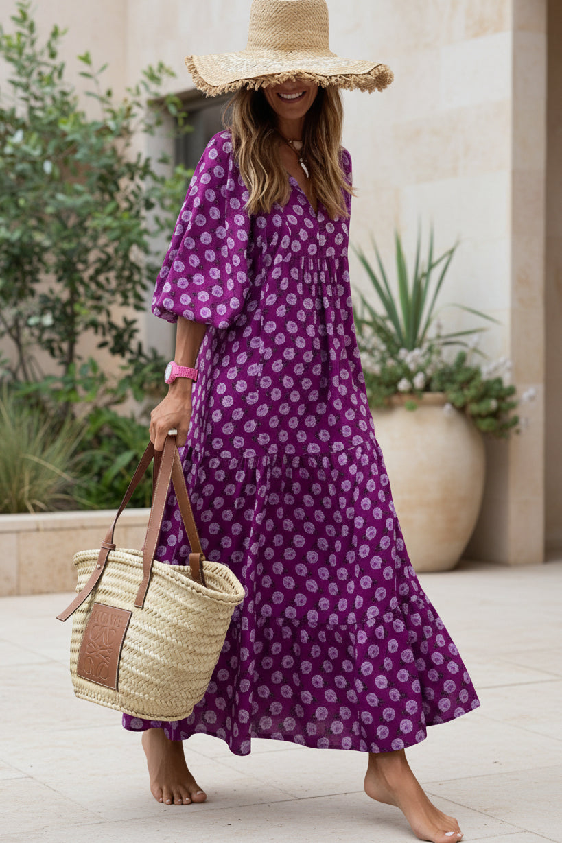 Bohemian dress in purple with white floral print, long tiered skirt, puff sleeves